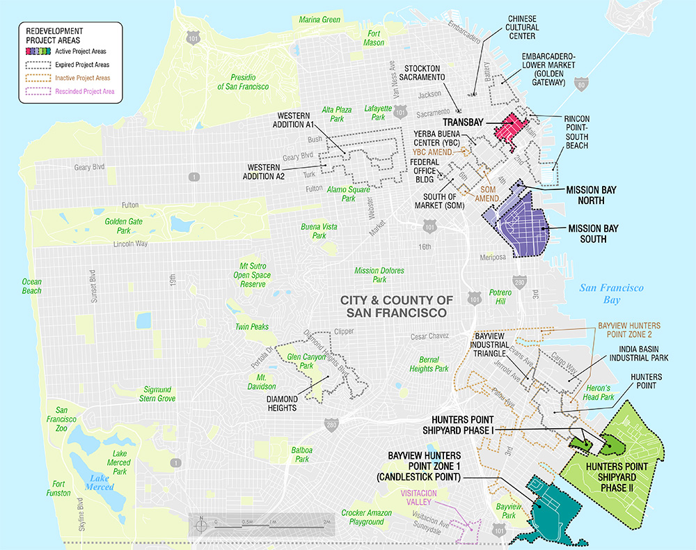 OCII Project Areas map of San Francisco, 2022, showing active, expired, inactive, and rescinded redevelopment project areas. The Bayview-Hunters Point geography includes the India Basin Industrial Park, the BVHP Project Area, and the Hunters Point Shipyard, with the OCII project status indicated by color and line treatment.